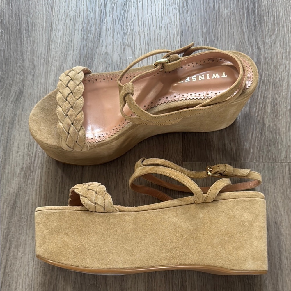 Twinset Women’s Platform Sandal Size 40 in Tan Braided Leather Strap Suede Shoes